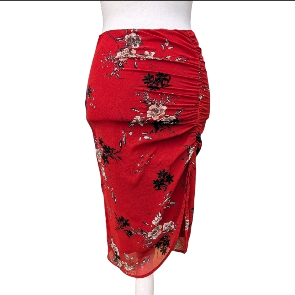 4si3nna Red Black Floral Midi Skirt Asymmetrical Velvet Burnout Mesh Y2K